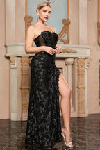 Black Lace Mermaid Evening Dress Showstopping Strapless With Sweetheart Neckline And High Slit For Elegant Women