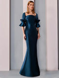 Mother Of The Bride Satin Sheath Dress With Elegant Square Neck Half Sleeve Ruching Floor Length
