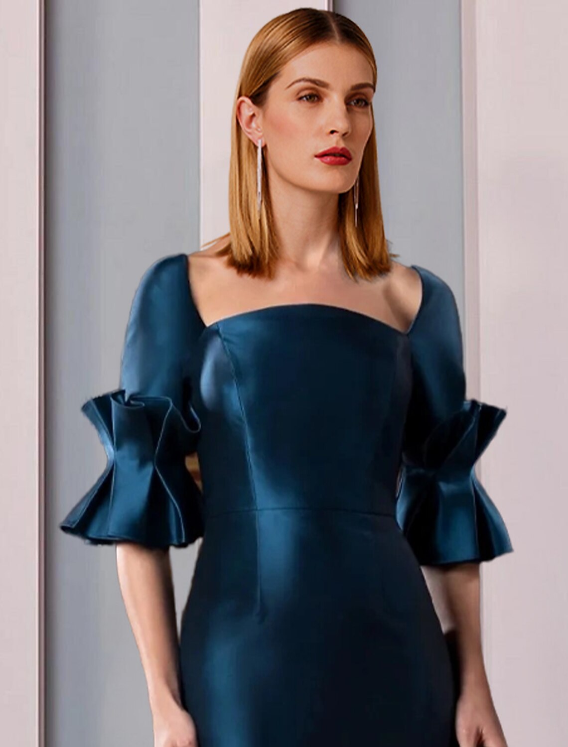 Mother Of The Bride Satin Sheath Dress With Elegant Square Neck Half Sleeve Ruching Floor Length