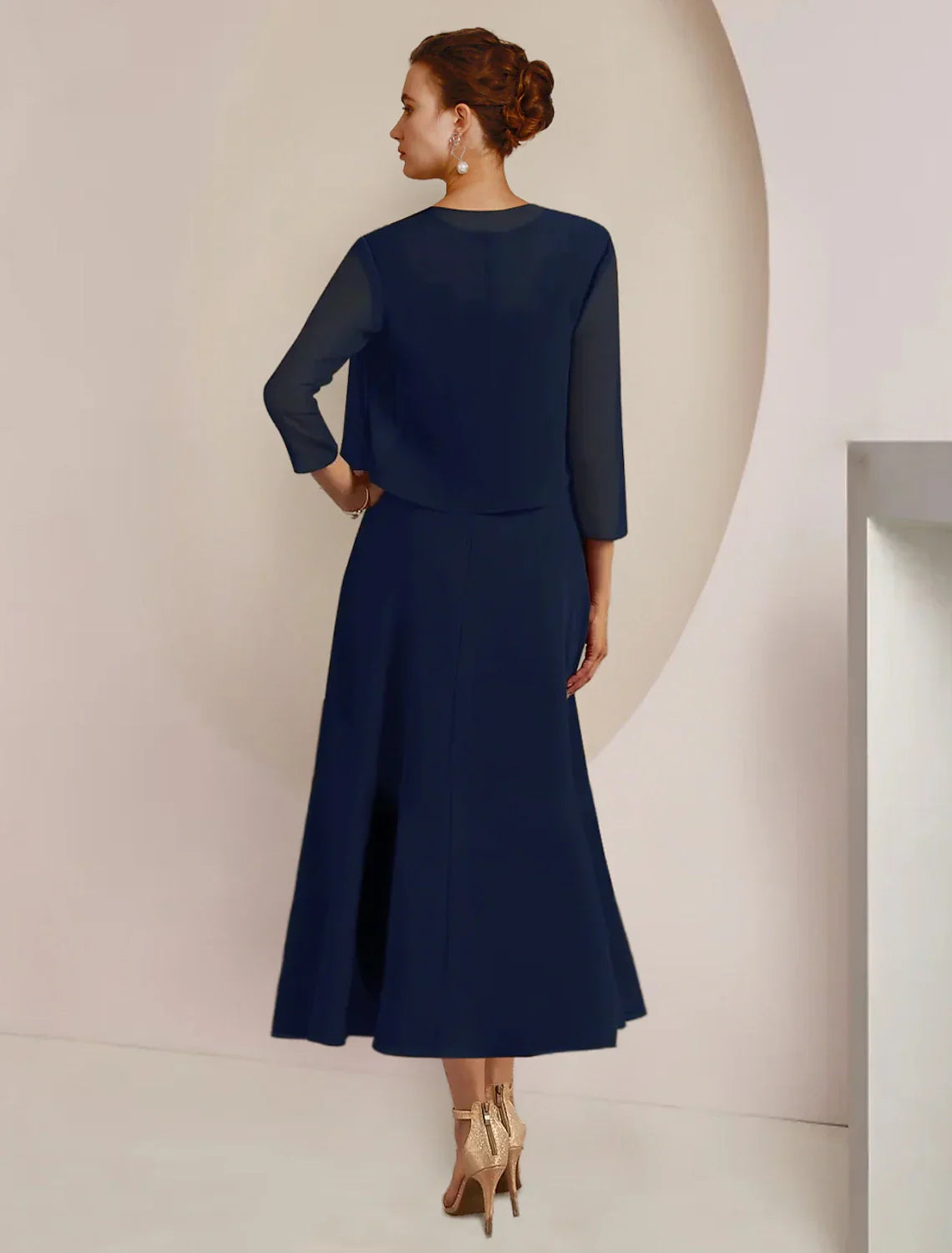Mother Of The Bride Two Piece A Line Dress With Chiffon Lace Tea Length Three Quarter Sleeve Jacket Sash Appliques