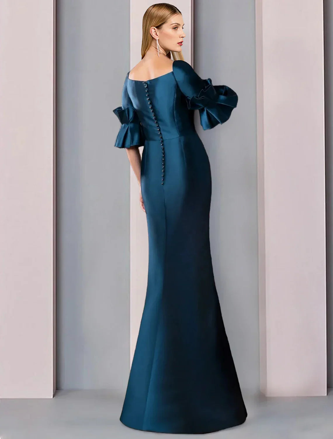 Mother Of The Bride Satin Sheath Dress With Elegant Square Neck Half Sleeve Ruching Floor Length
