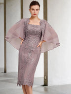 Mother Of The Bride Dress Vintage Elegant Sheath Chiffon Lace Knee Length Square Neck Sleeveless With Appliques