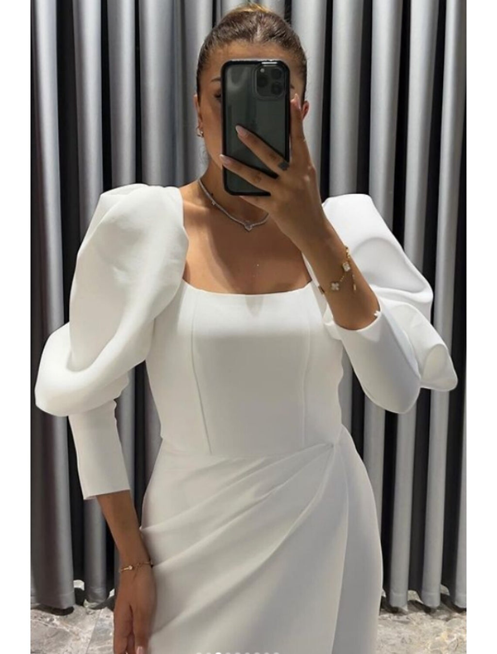 Black Sheath Dress With Stretch Fabric Ruched Details For Elegant Evening Gown With Asymmetrical Three Quarter Sleeve