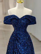 A-Line Evening Gown Sparkle Shine Dress Formal Sleeveless Off Shoulder Sequined with Glitter