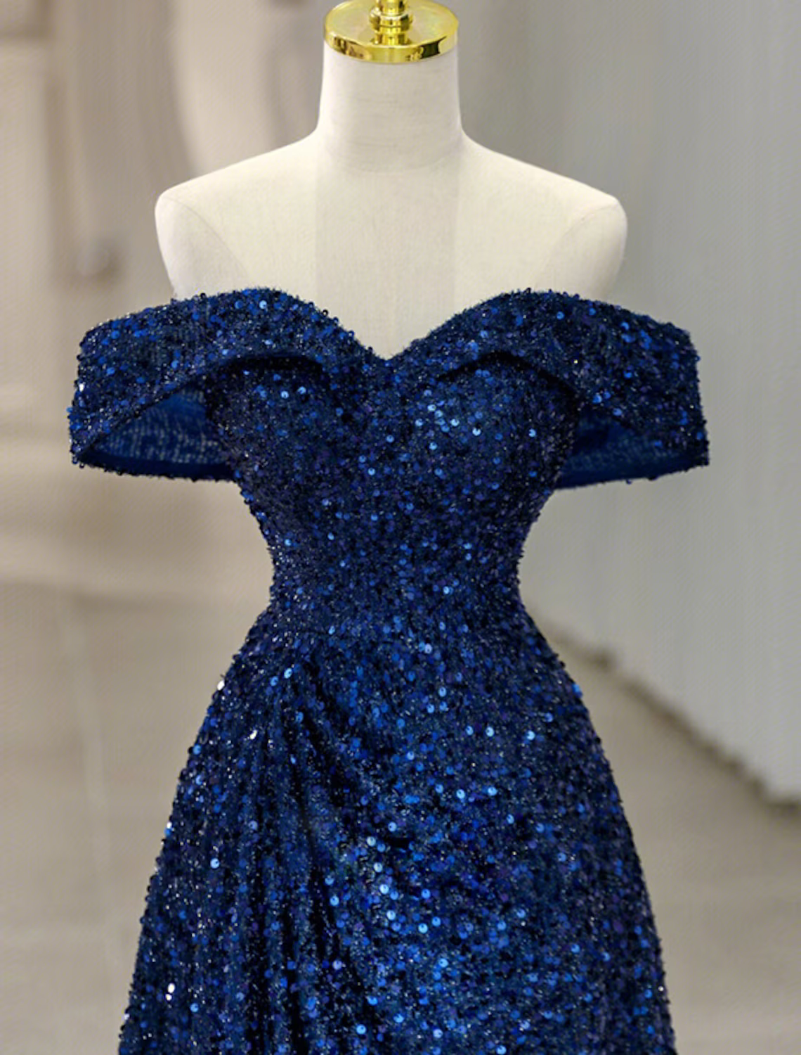 A-Line Evening Gown Sparkle Shine Dress Formal Sleeveless Off Shoulder Sequined with Glitter