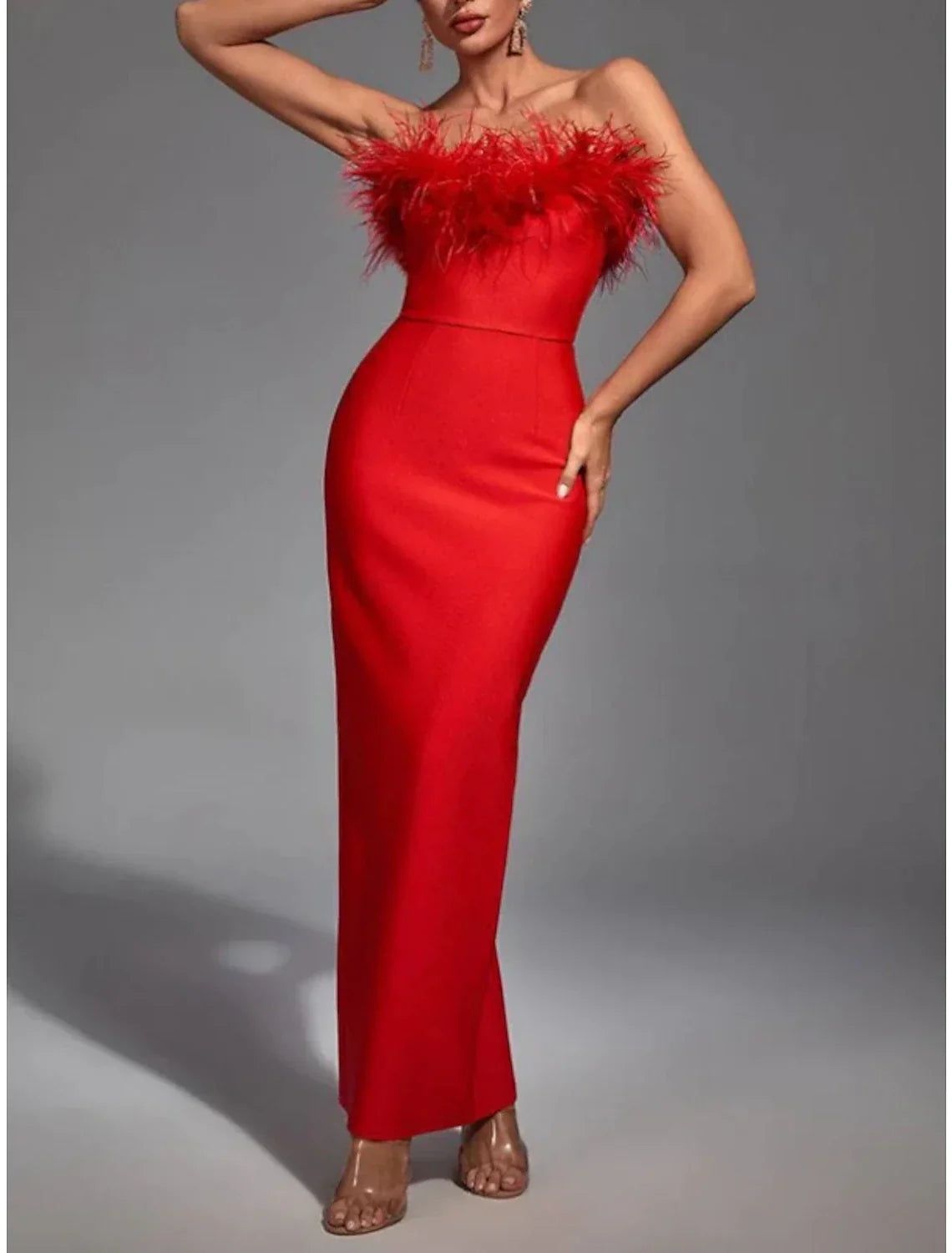DingJiDress Black Sheath Evening Gown With Feather Detail Strapless Sleeveless Ankle Length Formal Dress For Women