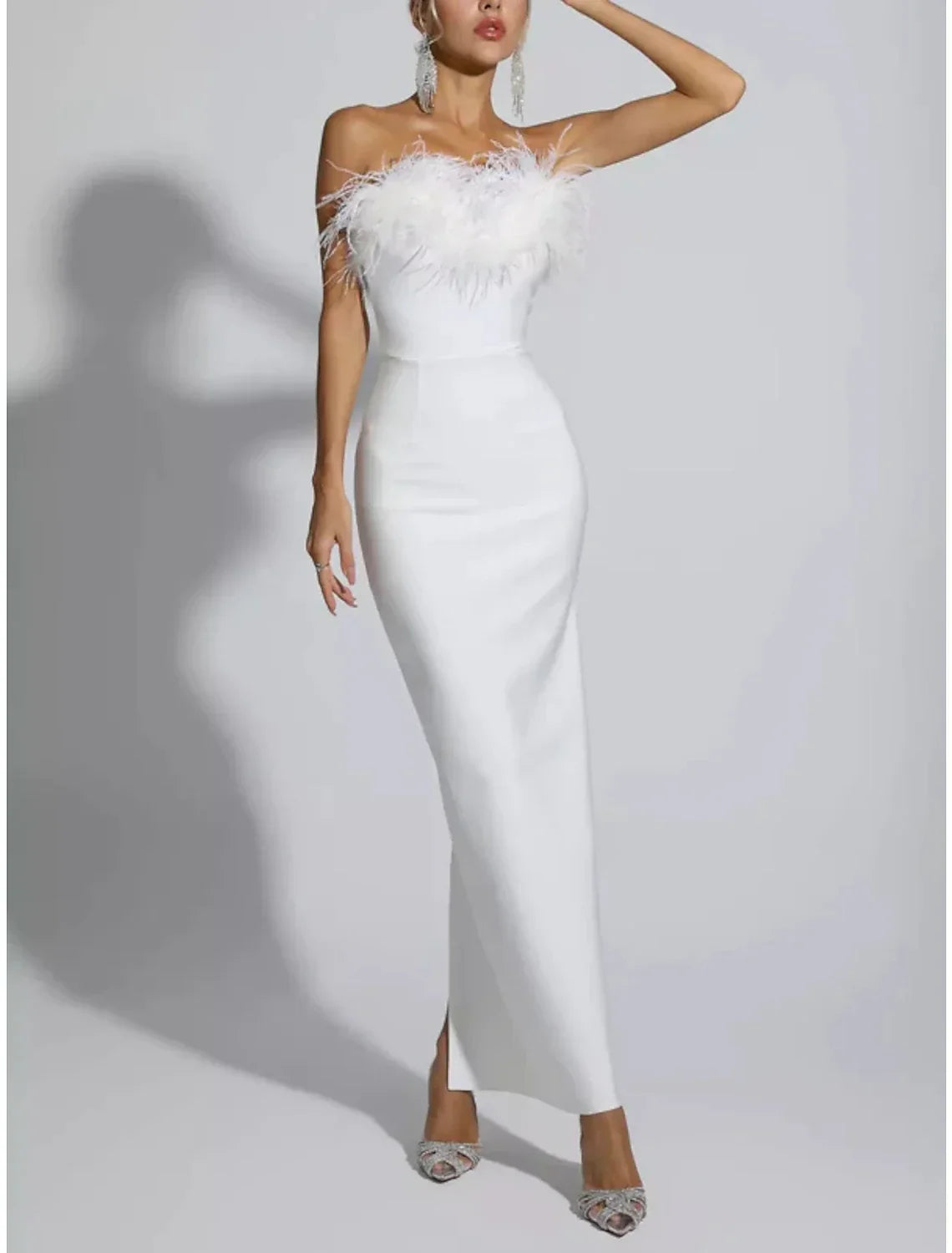 DingJiDress Black Sheath Evening Gown With Feather Detail Strapless Sleeveless Ankle Length Formal Dress For Women