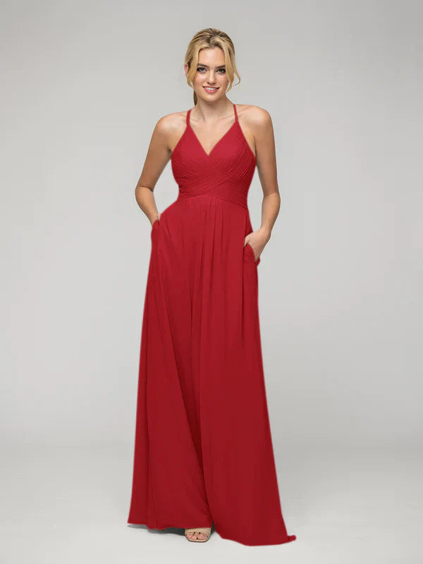 Elegant Chiffon Sweetheart Pocket Bridesmaid Dresses With Crisscross Back For Wedding Party
