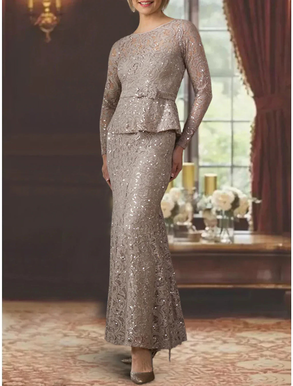 Mother Of The Bride Dress Elegant Lace Sequined Charmeuse Long Sleeve Appliques