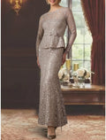Mother Of The Bride Dress Elegant Lace Sequined Charmeuse Long Sleeve Appliques