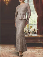 Mother Of The Bride Dress Elegant Lace Sequined Charmeuse Long Sleeve Appliques