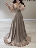 Elegant A Line Evening Gown Satin Black Dress With Sparkle Glitter Pleats Long Sleeve For Formal Events
