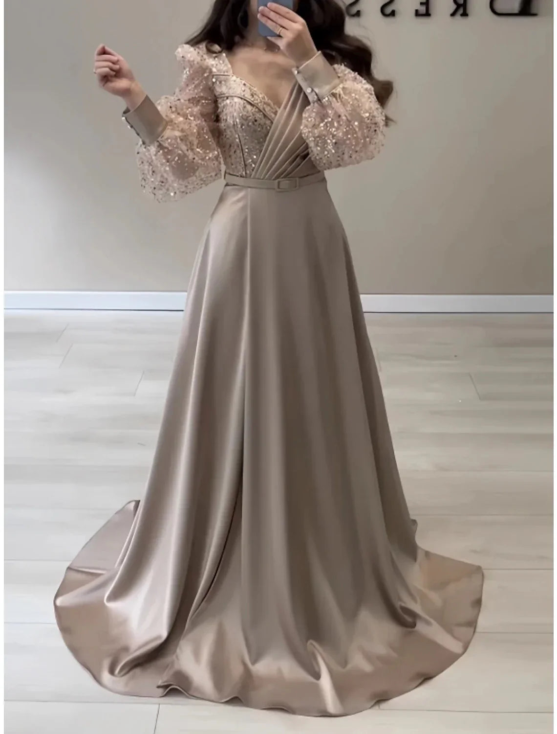 Elegant A Line Evening Gown Satin Black Dress With Sparkle Glitter Pleats Long Sleeve For Formal Events