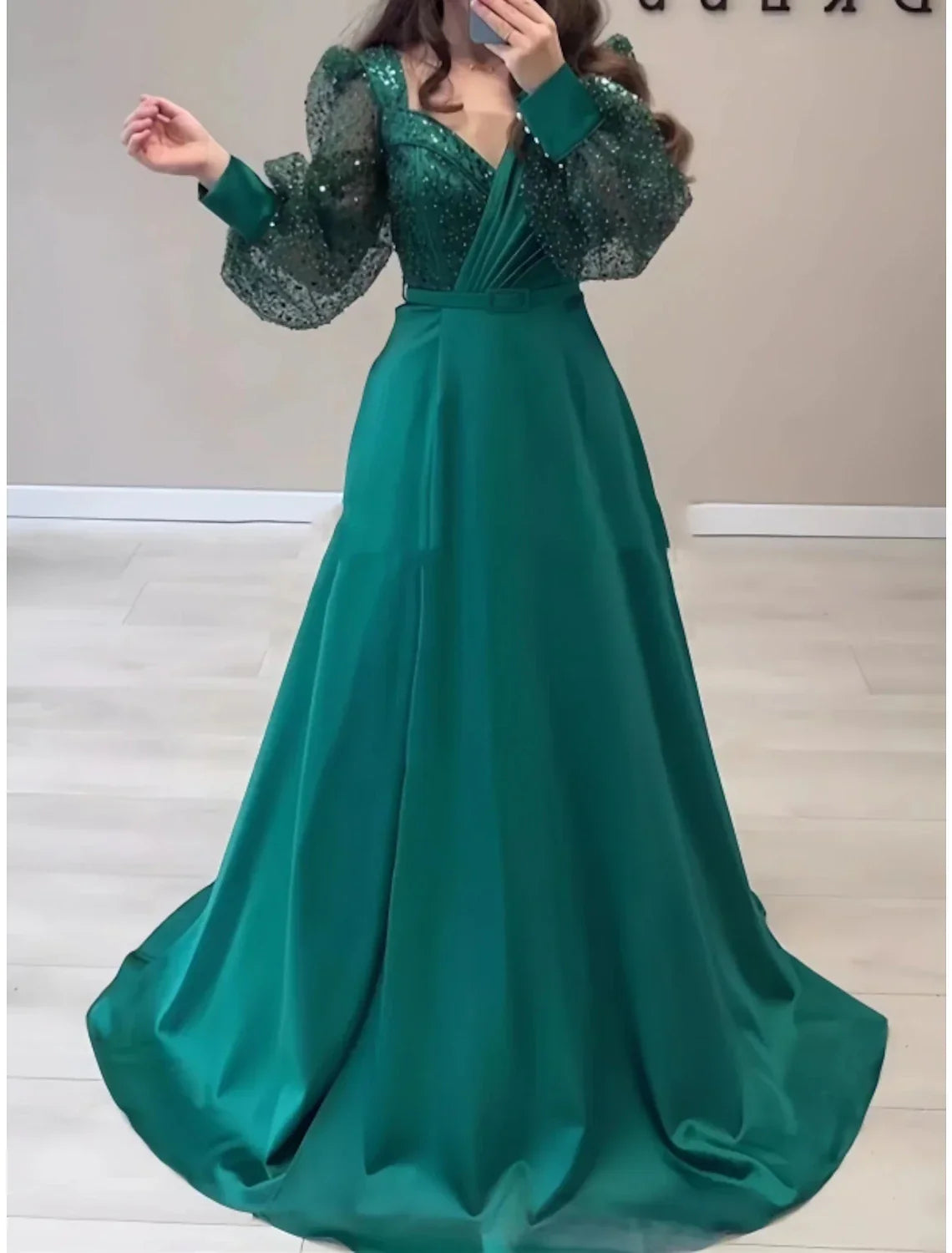 Elegant A Line Evening Gown Satin Black Dress With Sparkle Glitter Pleats Long Sleeve For Formal Events