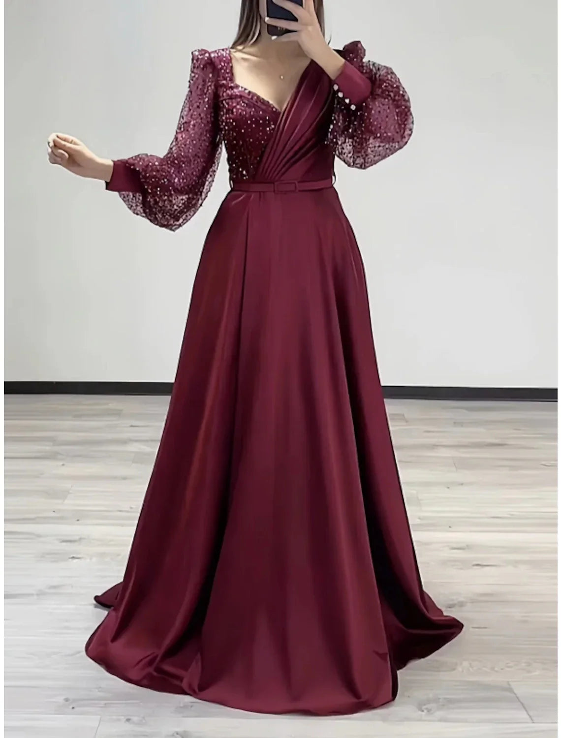 Elegant A Line Evening Gown Satin Black Dress With Sparkle Glitter Pleats Long Sleeve For Formal Events