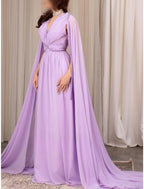 A Line Evening Gown Elegant Long Sleeve V Neck Chiffon Sequin Pleated Dress For Formal Events