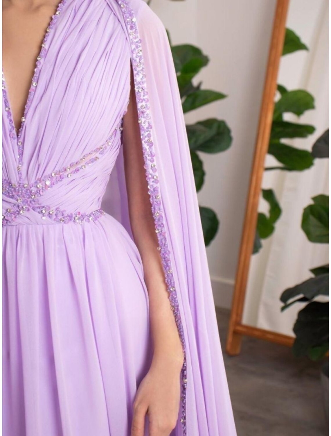 A Line Evening Gown Elegant Long Sleeve V Neck Chiffon Sequin Pleated Dress For Formal Events
