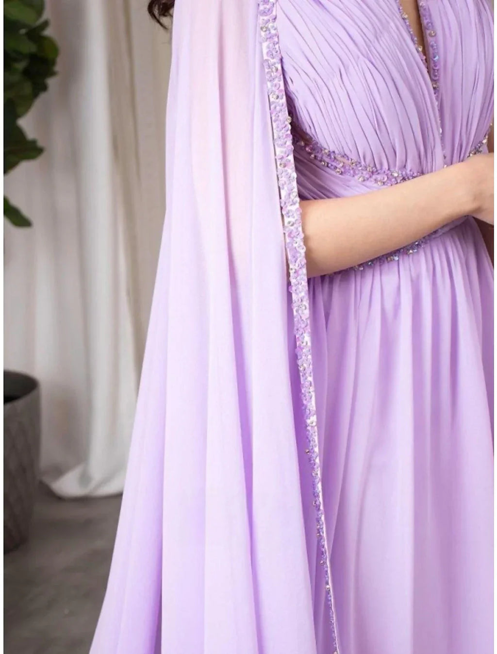 A Line Evening Gown Elegant Long Sleeve V Neck Chiffon Sequin Pleated Dress For Formal Events