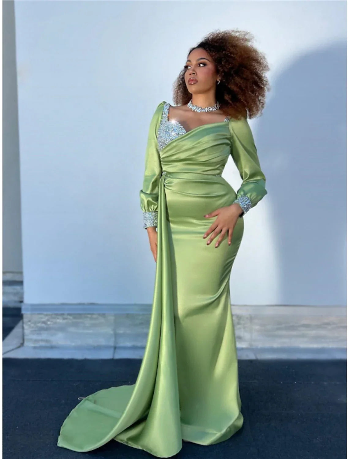 A Line Satin Evening Gown Glitter Ruched Long Sleeve Square Neck Court Train For Formal Events