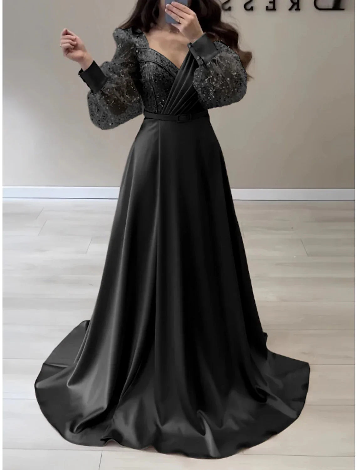 Elegant A Line Evening Gown Satin Black Dress With Sparkle Glitter Pleats Long Sleeve For Formal Events
