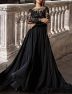 Black Wedding Dress For Gothic Brides A Line Satin Lace Gown With Beading Long Sleeve Scoop Neck And Brush Train