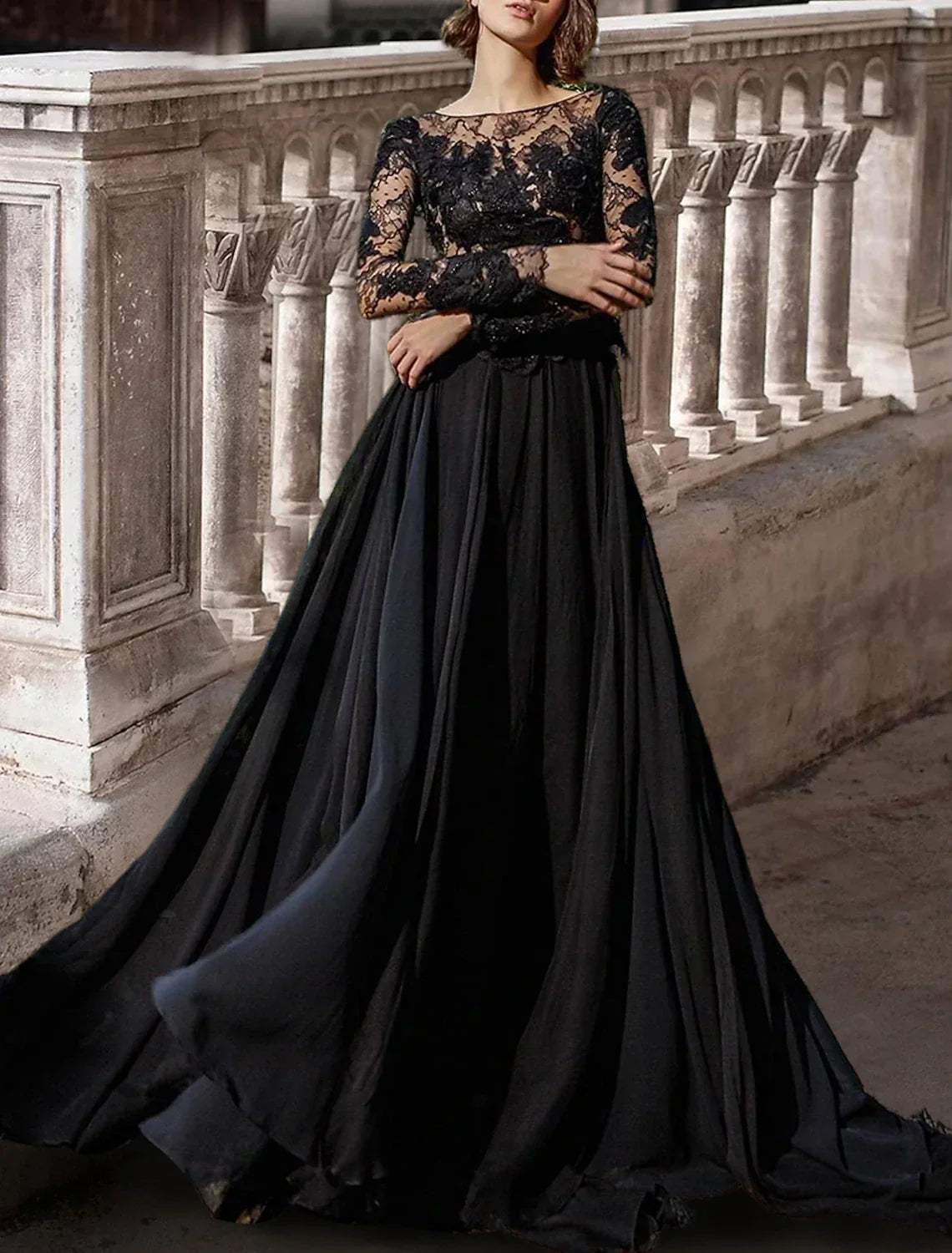 Black Wedding Dress For Gothic Brides A Line Satin Lace Gown With Beading Long Sleeve Scoop Neck And Brush Train