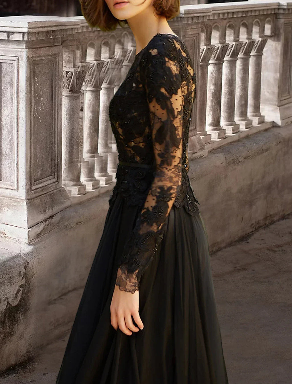 Black Wedding Dress For Gothic Brides A Line Satin Lace Gown With Beading Long Sleeve Scoop Neck And Brush Train