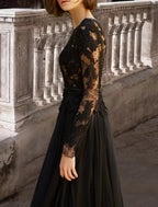 Black Wedding Dress For Gothic Brides A Line Satin Lace Gown With Beading Long Sleeve Scoop Neck And Brush Train