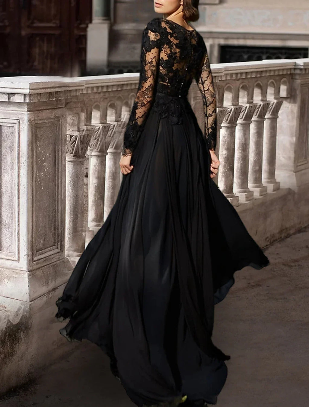 Black Wedding Dress For Gothic Brides A Line Satin Lace Gown With Beading Long Sleeve Scoop Neck And Brush Train