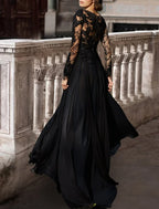 Black Wedding Dress For Gothic Brides A Line Satin Lace Gown With Beading Long Sleeve Scoop Neck And Brush Train