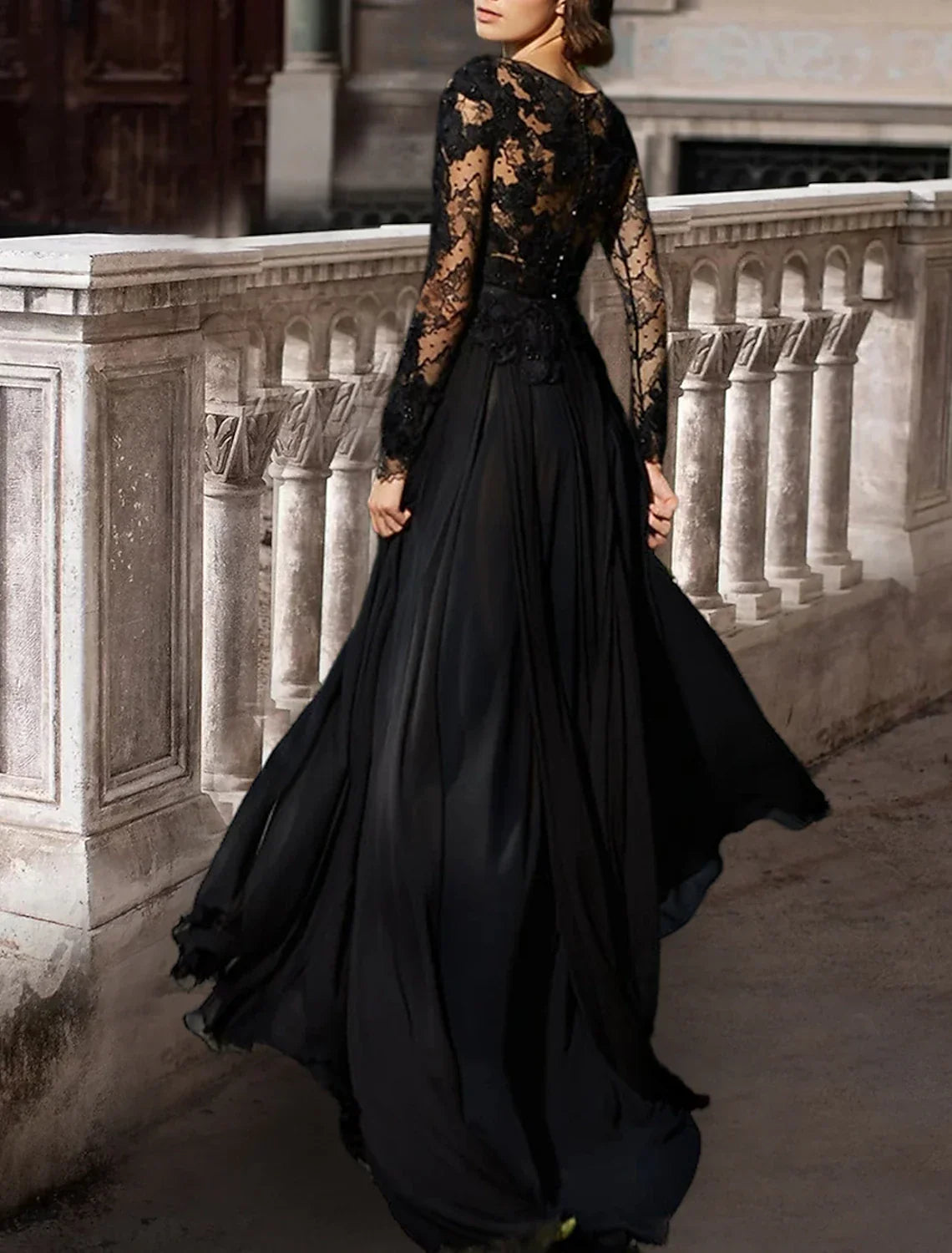 Black Wedding Dress For Gothic Brides A Line Satin Lace Gown With Beading Long Sleeve Scoop Neck And Brush Train