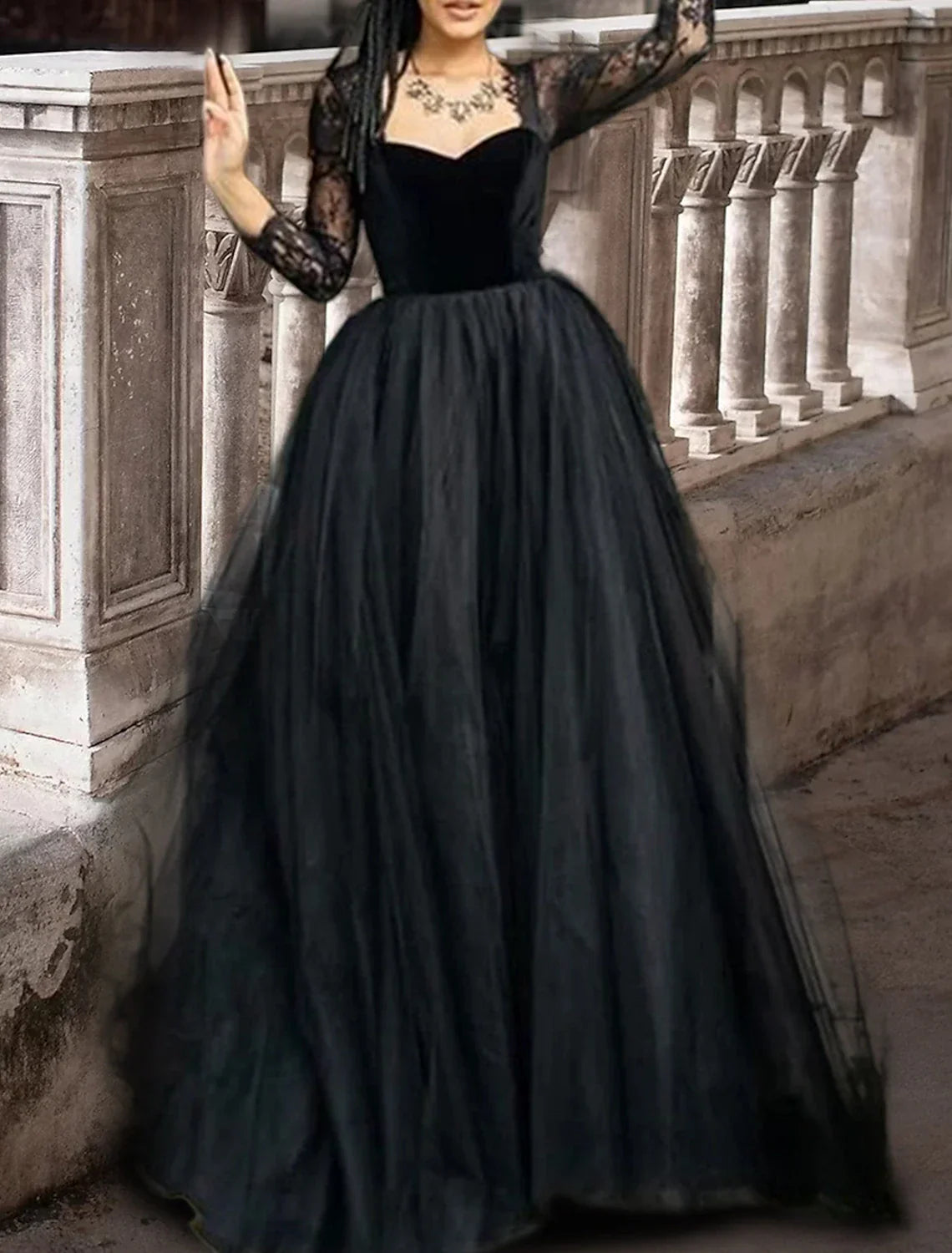 Black Gothic Wedding Dress Lace A Line With Square Neck Three Quarter Sleeve Floor Length Bridal Gown For Gothic Brides