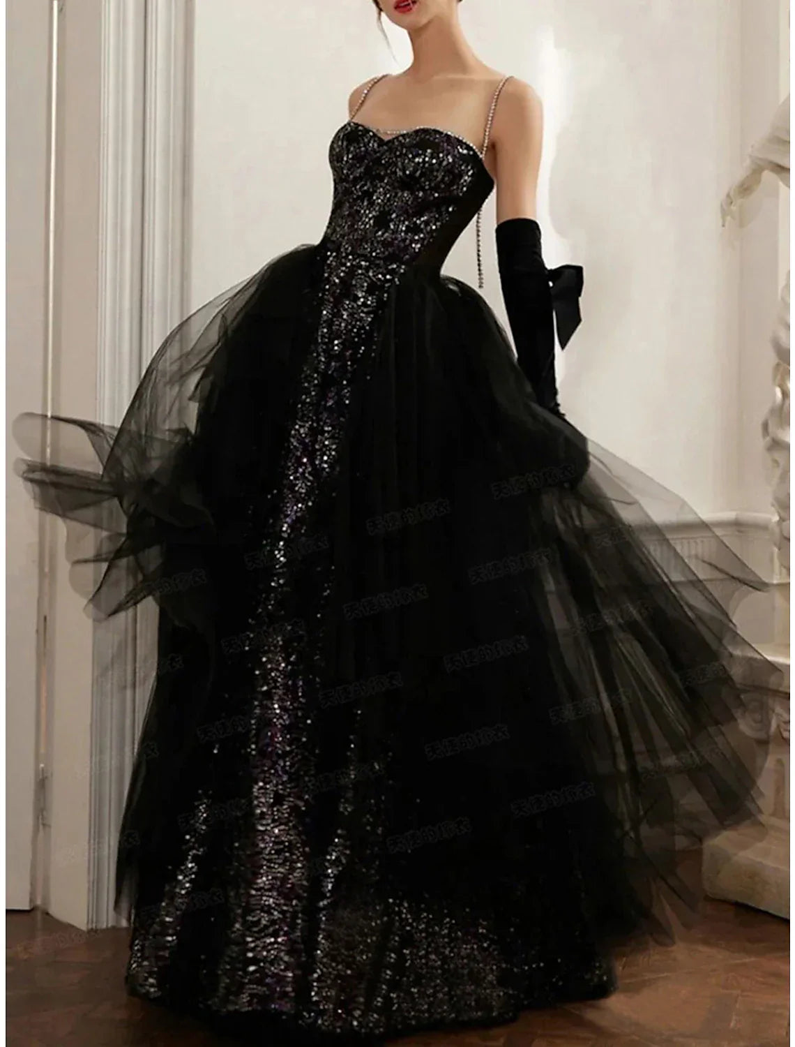 A Line Sequin Evening Gown Black Floor Length Strapless Prom Dress For Glamorous Photoshoots