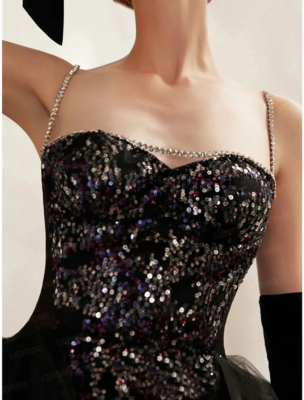 A Line Sequin Evening Gown Black Floor Length Strapless Prom Dress For Glamorous Photoshoots