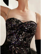 A Line Sequin Evening Gown Black Floor Length Strapless Prom Dress For Glamorous Photoshoots