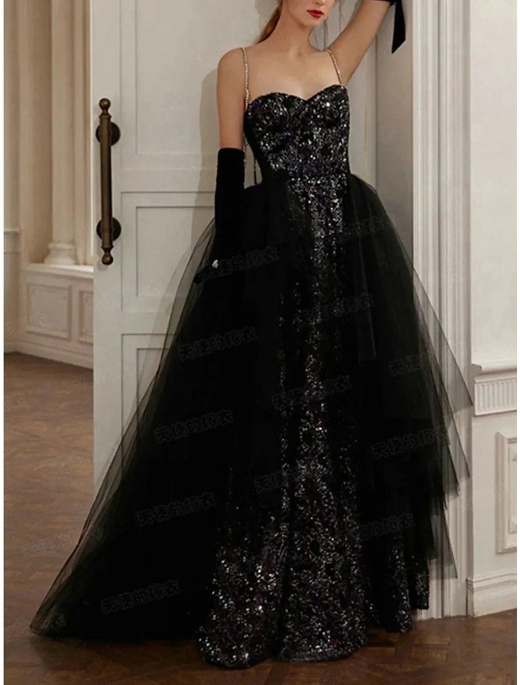 A Line Sequin Evening Gown Black Floor Length Strapless Prom Dress For Glamorous Photoshoots