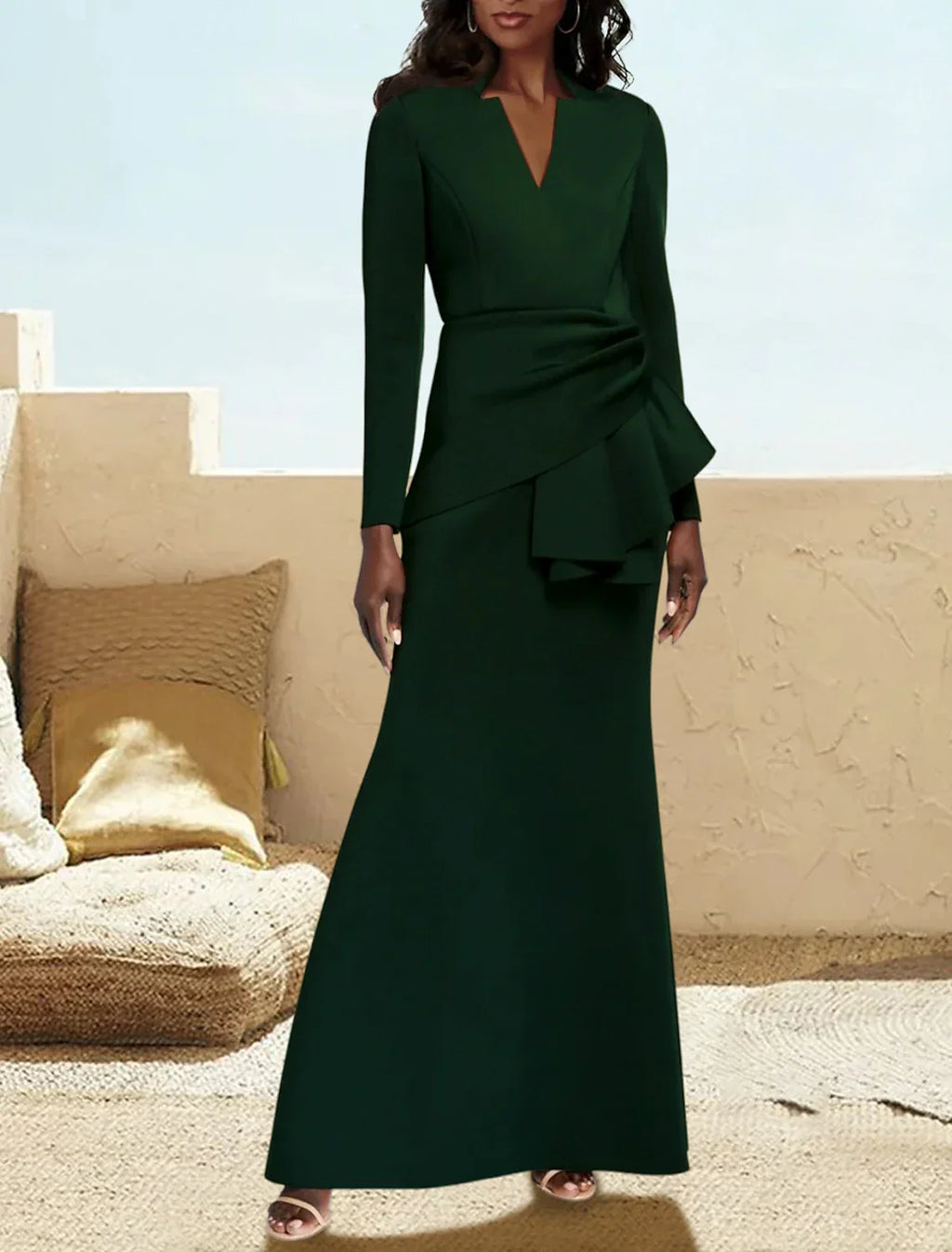 Mother Of The Bride Dress A Line Satin V Neck Floor Length Long Sleeve Ruching Elegant Formal Gown For Mothers
