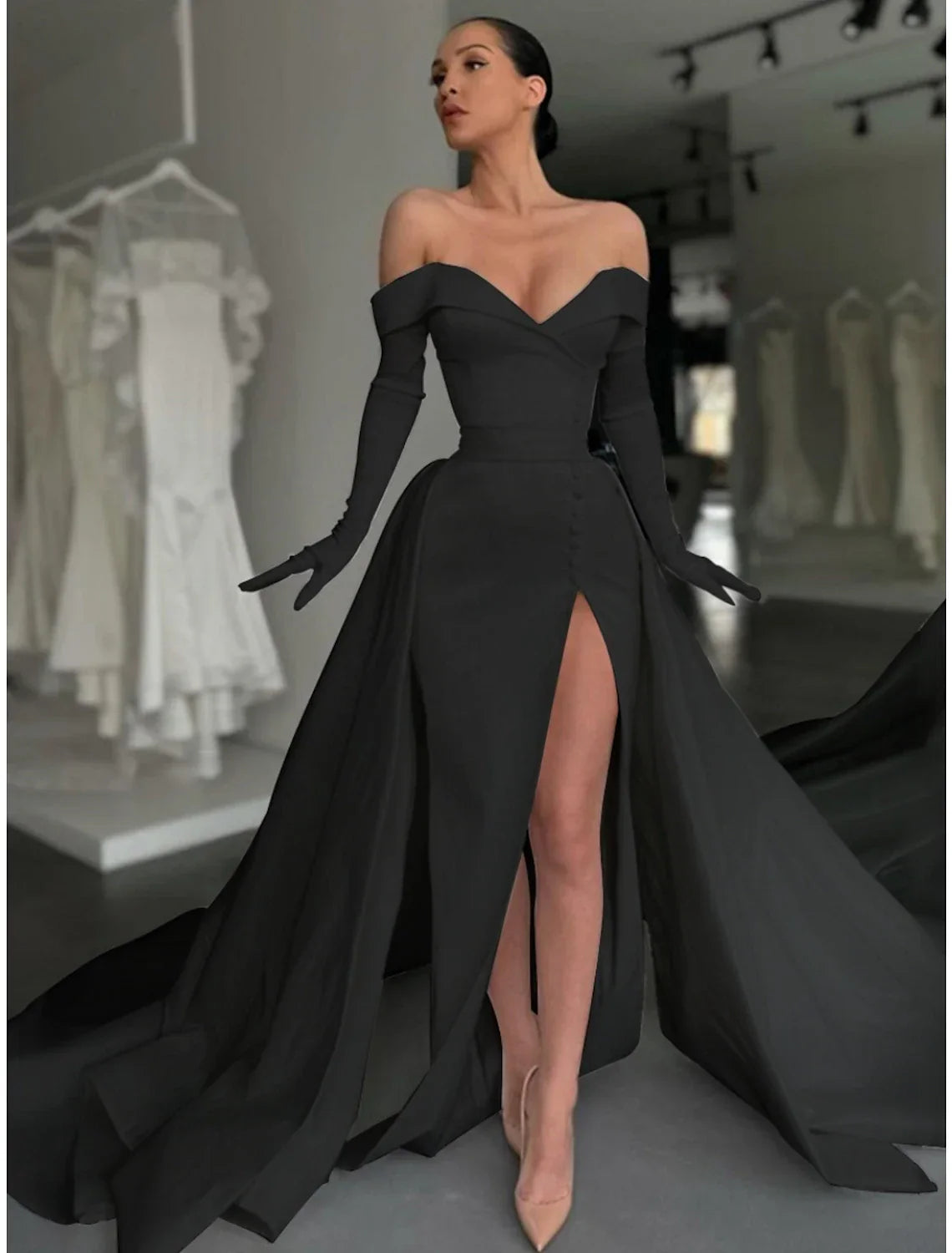 A Line Satin Evening Gown For Women Elegant Off Shoulder Long Sleeve Dress With Court Train Pleats And Buttons
