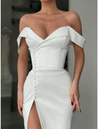 A Line Satin Evening Gown For Women Elegant Off Shoulder Long Sleeve Dress With Court Train Pleats And Buttons