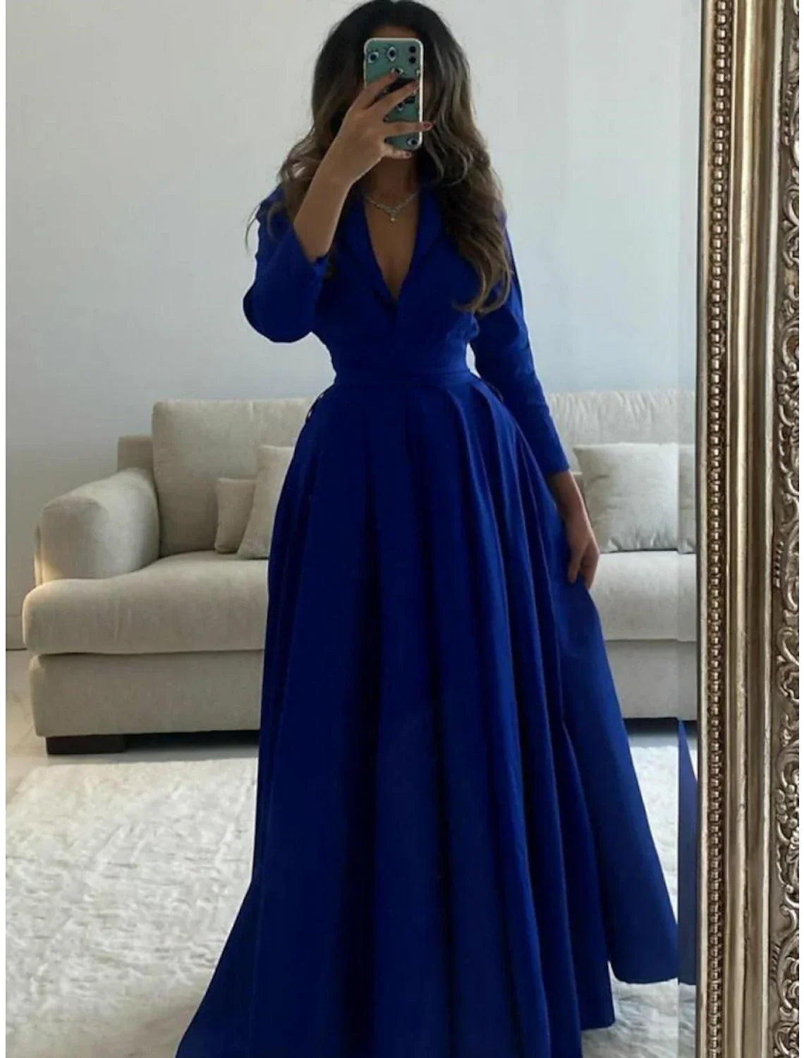 A Line Evening Gown Satin With Pleats V Neck Floor Length Three Quarter Sleeve For Christmas Parties
