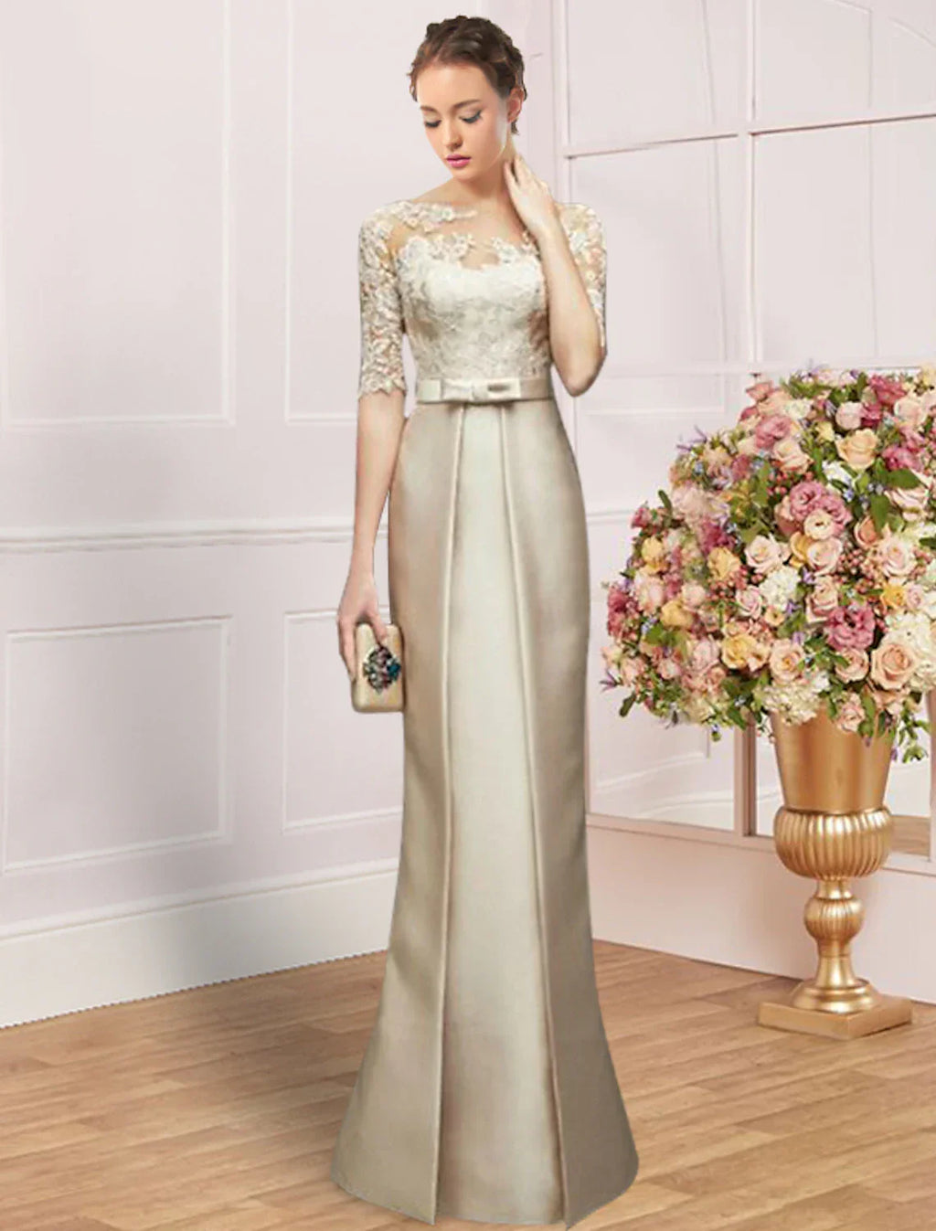 Mother Of The Bride Dress Satin Lace Sheath Jewel Neck Floor Length Half Sleeve Bow Ruching Elegant