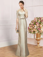 Mother Of The Bride Dress Satin Lace Sheath Jewel Neck Floor Length Half Sleeve Bow Ruching Elegant