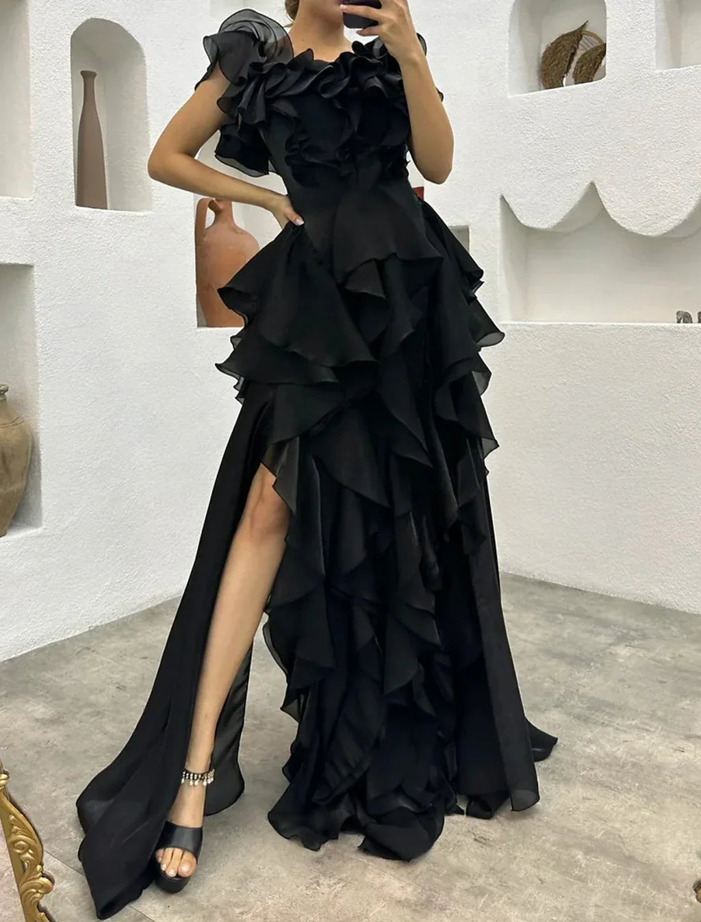 Elegant A Line Gothic Chiffon Evening Dress With Ruffles And Tiered Plisse For Formal Masquerade