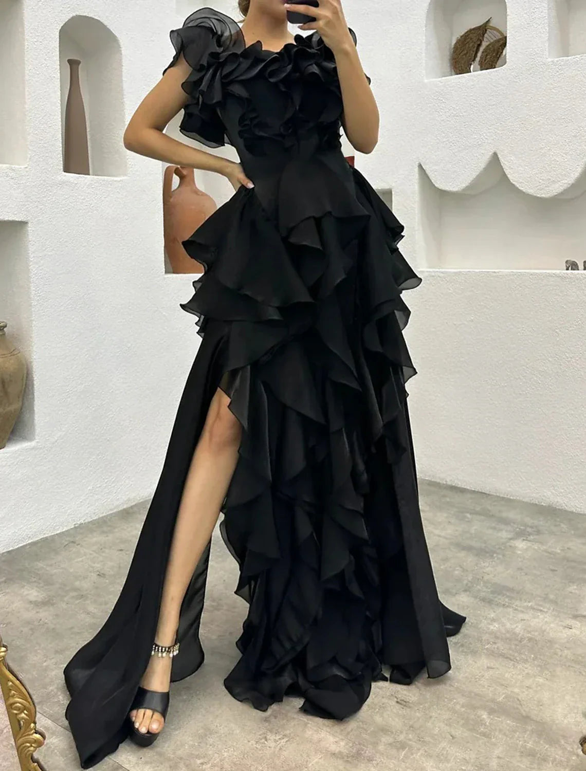 Elegant A Line Gothic Chiffon Evening Dress With Ruffles And Tiered Plisse For Formal Masquerade