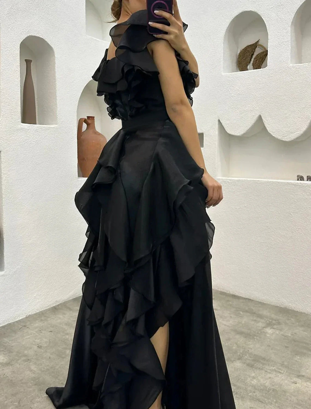 Elegant A Line Gothic Chiffon Evening Dress With Ruffles And Tiered Plisse For Formal Masquerade