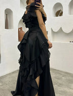 Elegant A Line Gothic Chiffon Evening Dress With Ruffles And Tiered Plisse For Formal Masquerade