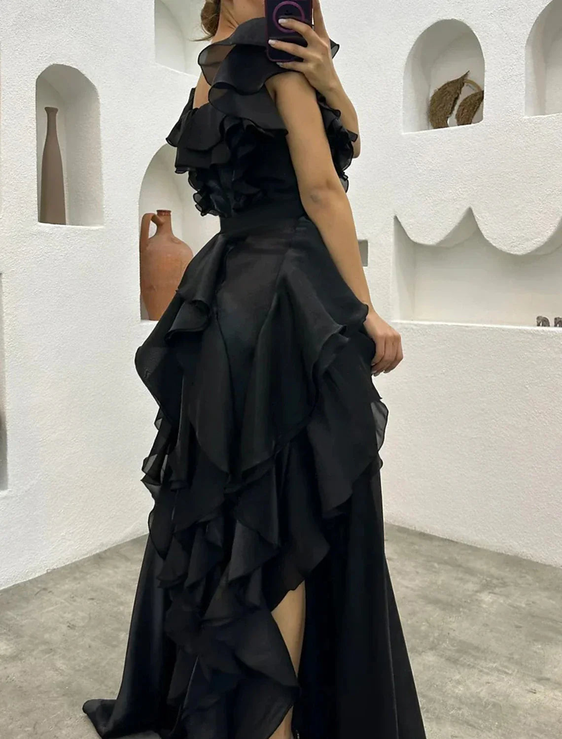 Elegant A Line Gothic Chiffon Evening Dress With Ruffles And Tiered Plisse For Formal Masquerade