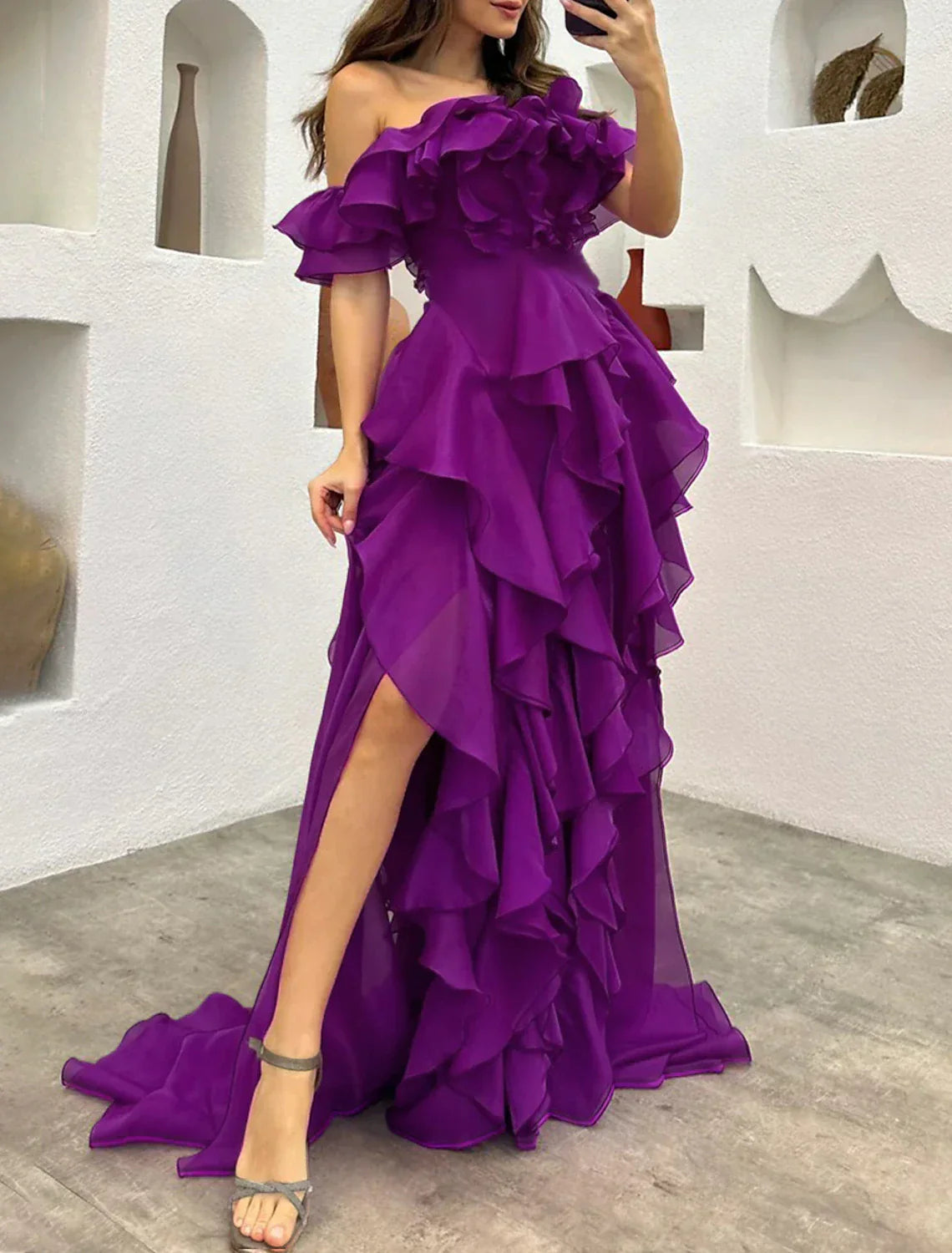 Elegant A Line Gothic Chiffon Evening Dress With Ruffles And Tiered Plisse For Formal Masquerade