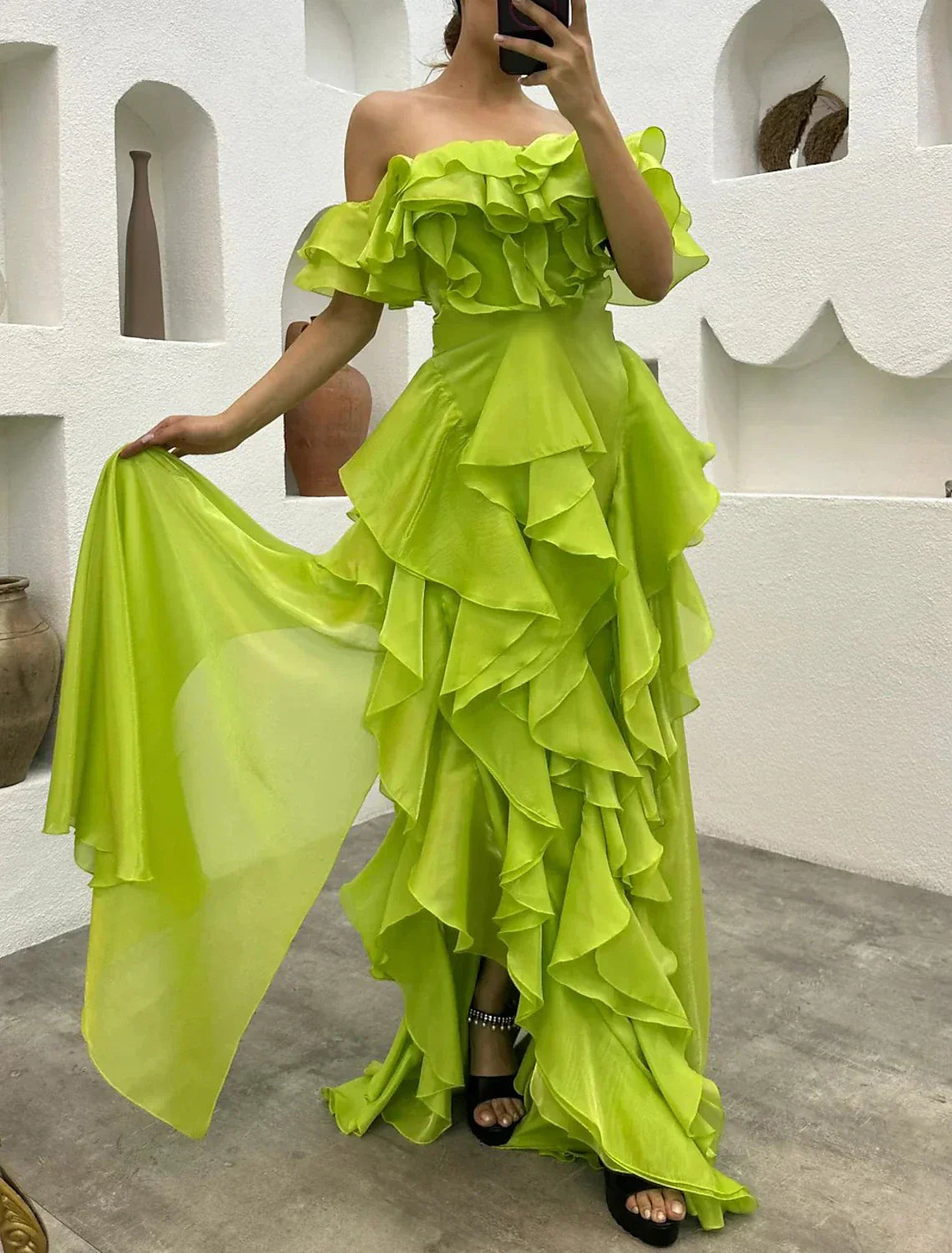 Elegant A Line Gothic Chiffon Evening Dress With Ruffles And Tiered Plisse For Formal Masquerade
