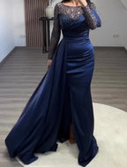 Mermaid Evening Gown Sparkling Sequin Ruched Pearls Long Sleeve Jewel Neck Court Train For Wedding Guests